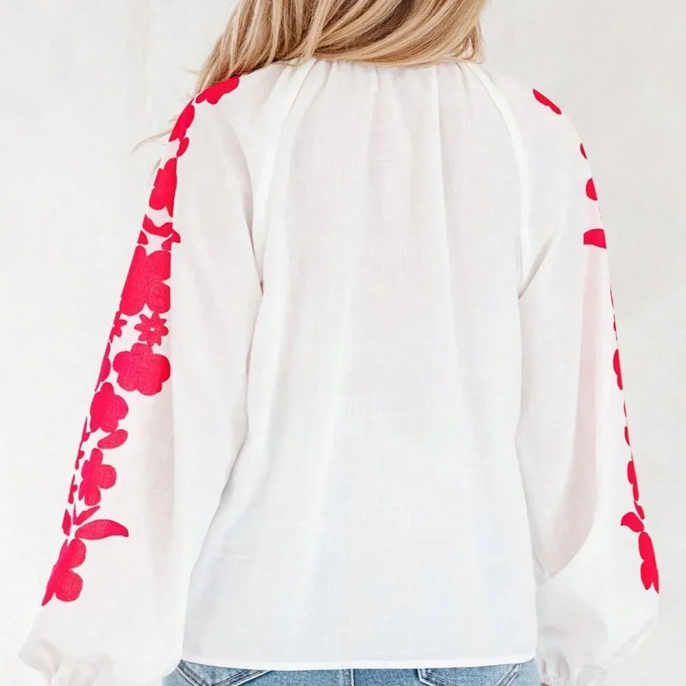 White Casual Women's Floral Embroidery Puff Sleeve Button-Up Shirt